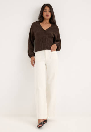 Pcsally Ls V-neck Button Knit Brown