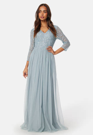angeleye embellished maxi dress blue Floral Sequin Embellished Maxi Dress in Blue