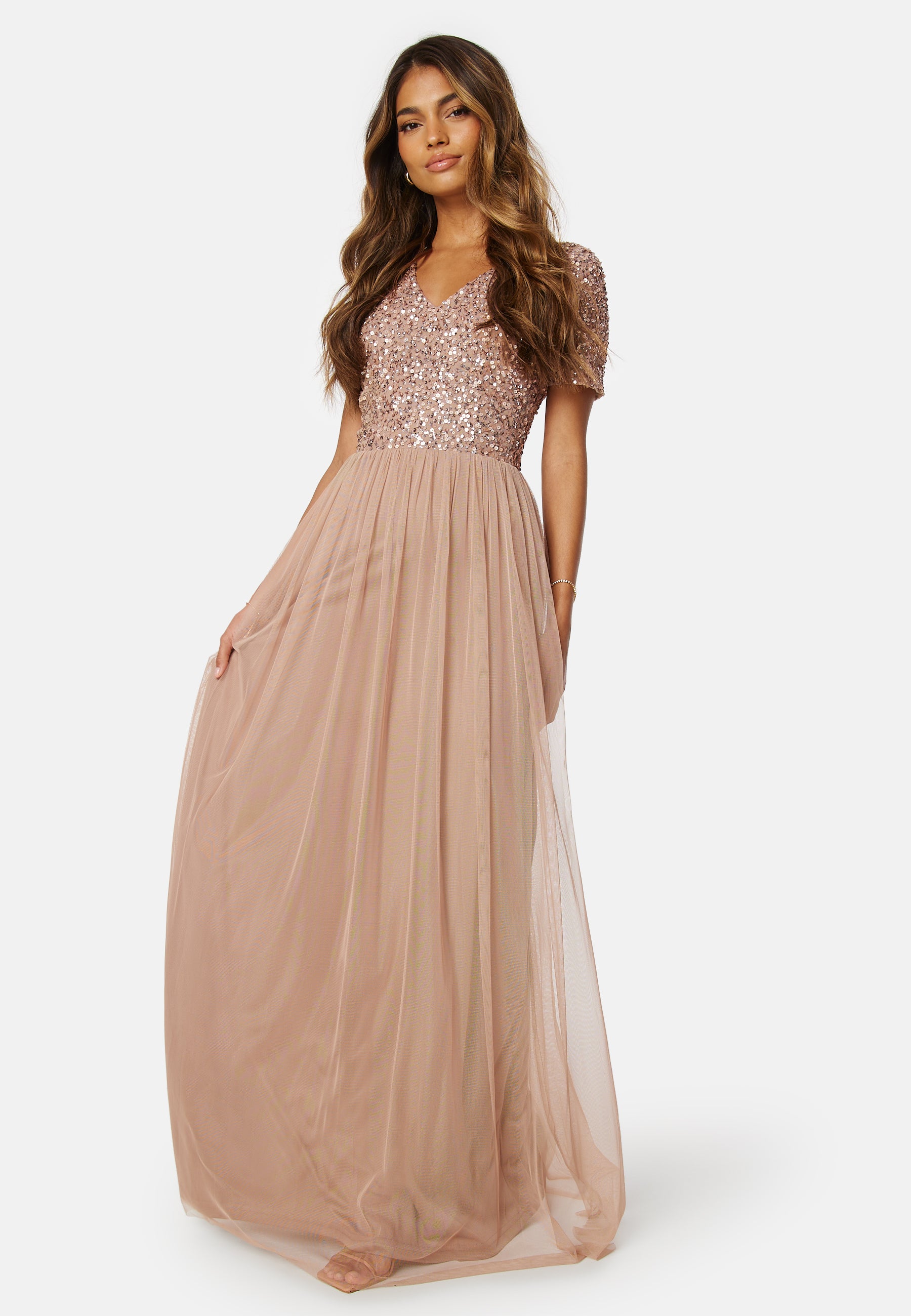 Angeleye Short Sleeve Sequin Dress Ball gowns Beige Angeleye Short Sleeve Sequin Dress Ball gowns Beige