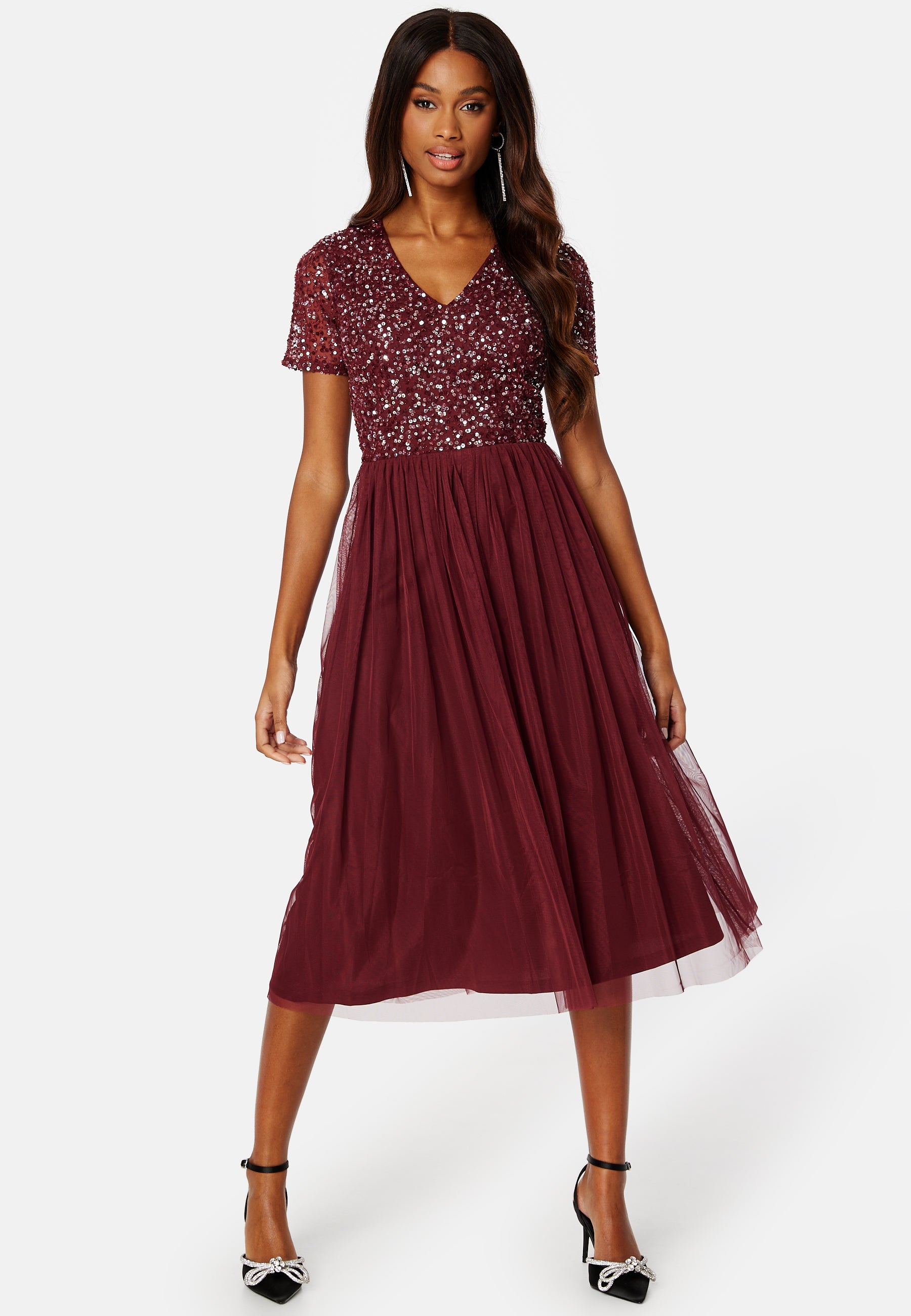 Angeleye – Short Sleeve Sequin Embellished Midi Dress – campaign-outlet – Red