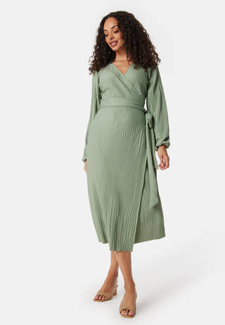 Pleated Wrap Midi Dress