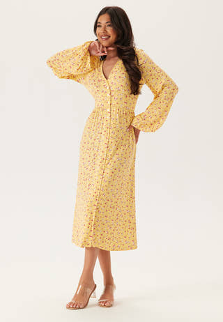 Soft Midi Button Volume Sleeve Dress