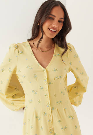 Midi Button Volume Sleeve Dress