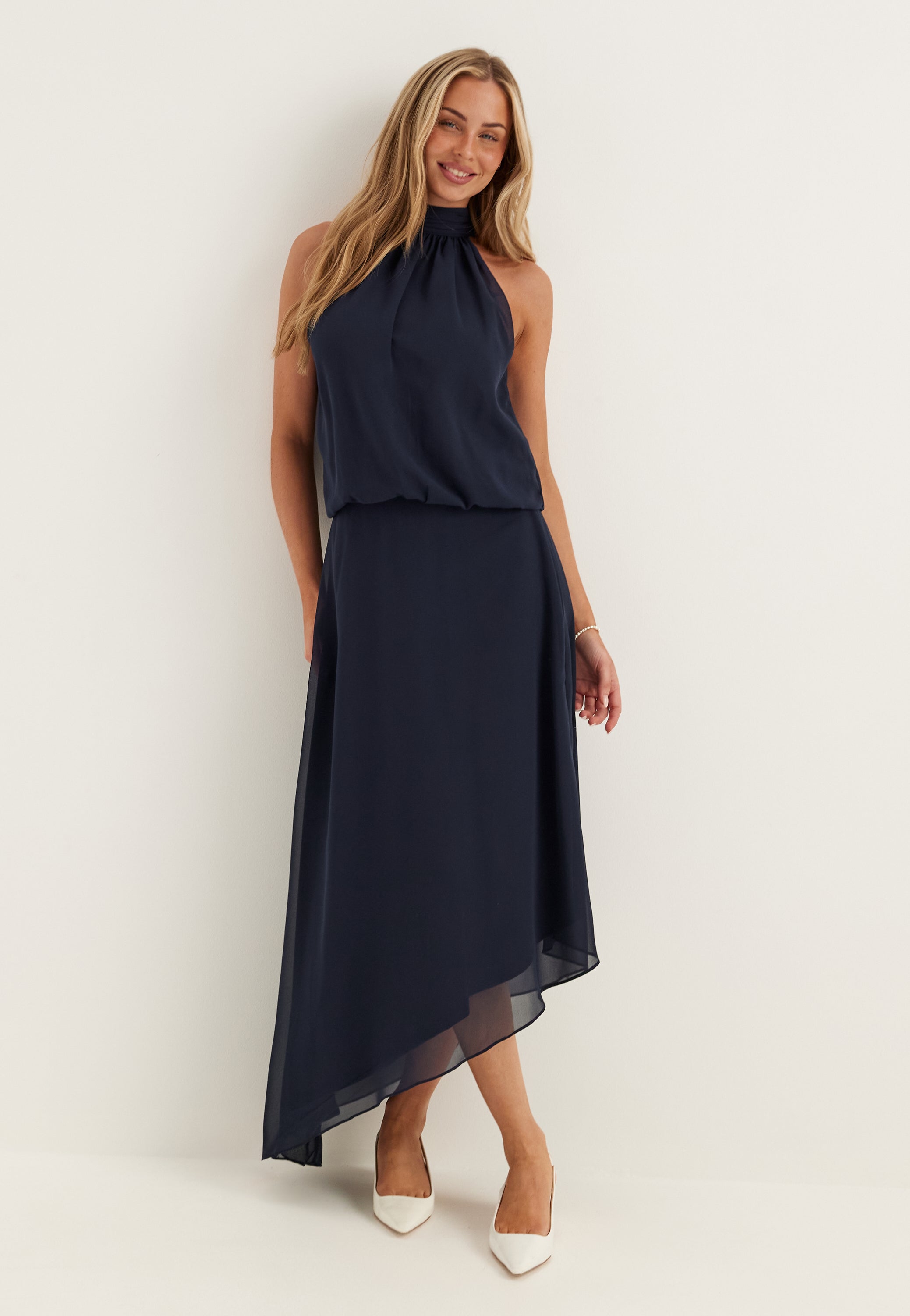 Bubbleroom occasion – Asymmetric Chiffon Halterneck Dress – Bridesmaid  dresses – Blue