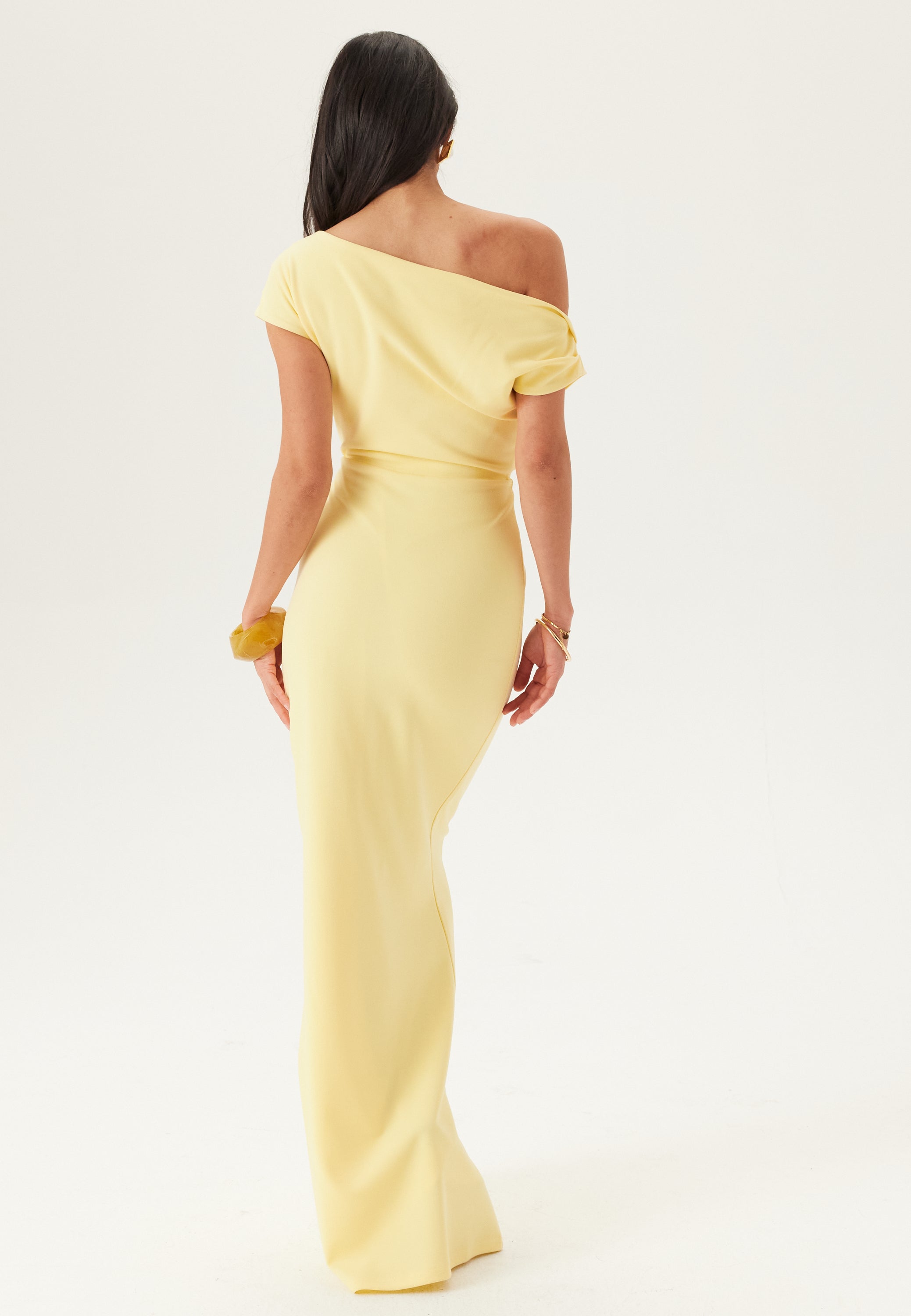 mustard asymmetric drape detail maxi dress Women's Butter Yellow Asymmetric Cut Out Detail Maxi Dress