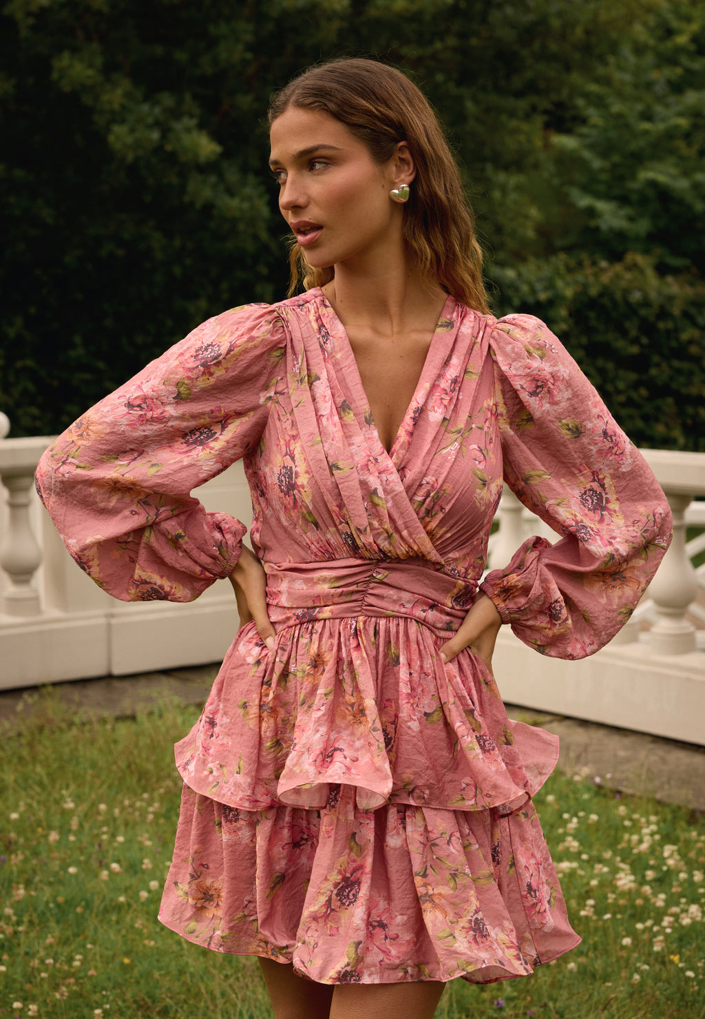 pink sequin wrap balloon sleeve mini dress Bubbleroom occasion – Balloon Sleeve Short Flounce Dress – campaign-normal  – Pink / Floral / Multi