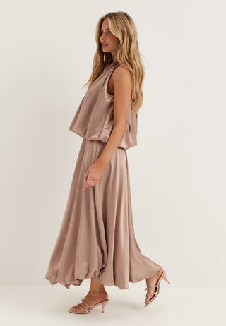 Bubble-Hem Satin Ankle Skirt