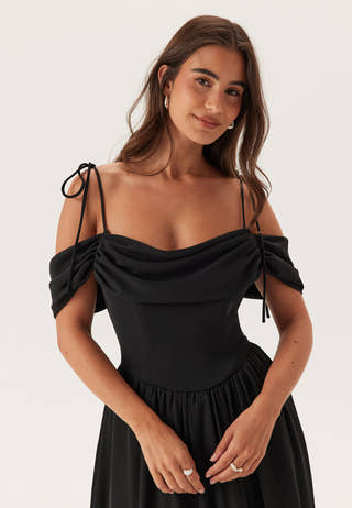 Draped Off Shoulder Corset Midi Dress