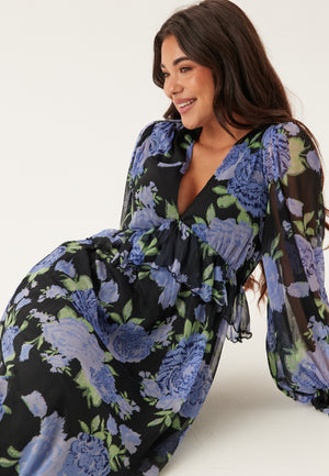 Frill L/S Chiffon Midi Dress