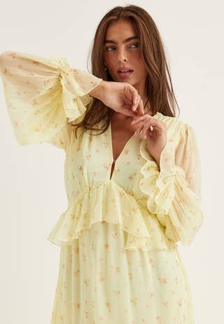 Frill L/S Chiffon Midi Dress