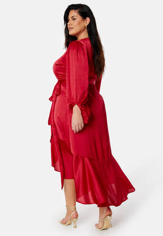 Wrap Frill L/S Satin Dress