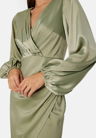 L/S wrap satin midi dress