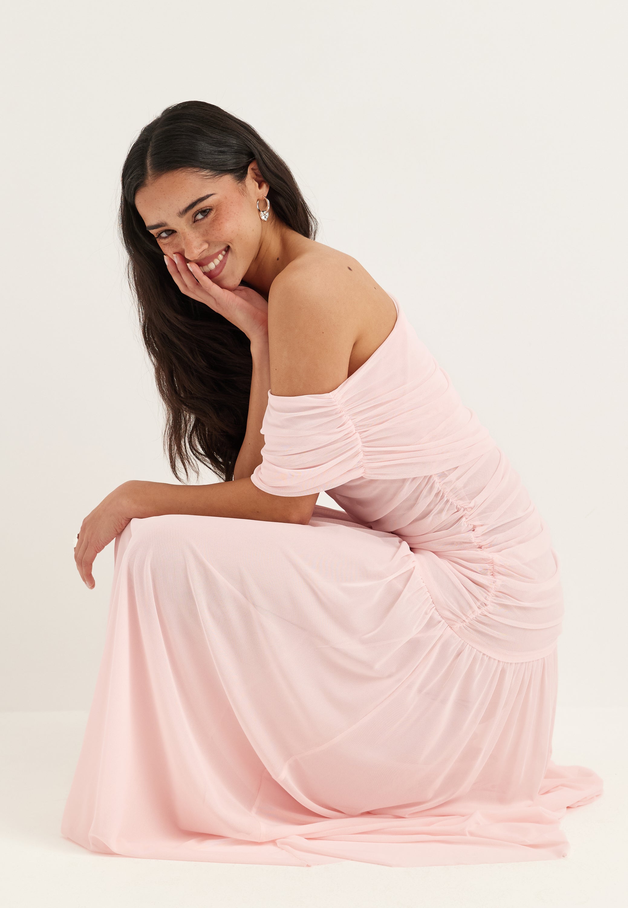 audrey off shoulder mesh maxi dress pale pink Moa mattsson x bubbleroom – Off Shoulder Mesh Maxi Dress – Bridesmaid  dresses – Pink