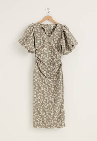 Puff Sleeve Jacquard Midi Dress