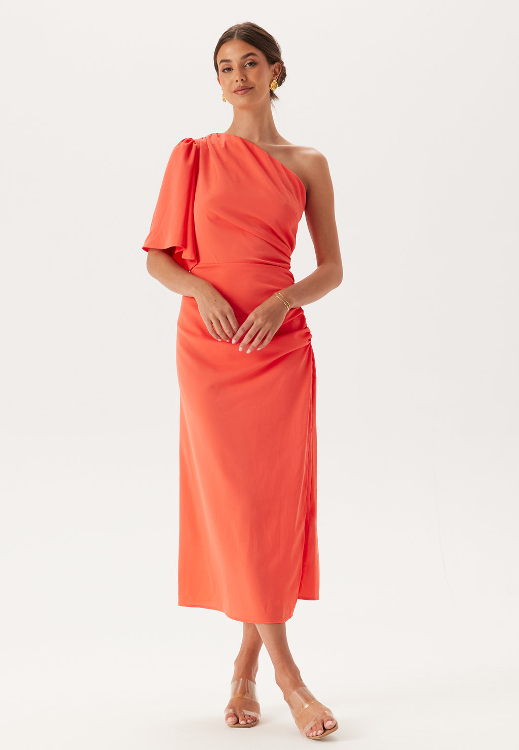 Bubbleroom occasion – Ruched One Shoulder Midi Dress – Ball gowns – Coral
