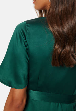 Butterfly Sleeve Wrap Satin Midi Dress