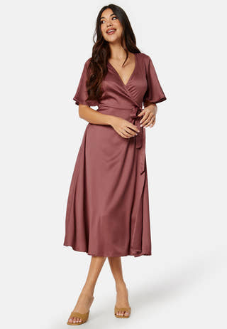 Butterfly Sleeve Wrap Satin Midi Dress