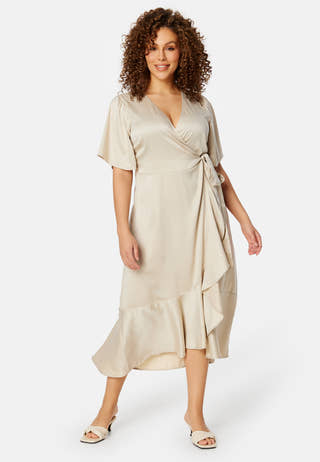 Frill Wrap Satin Midi Dress