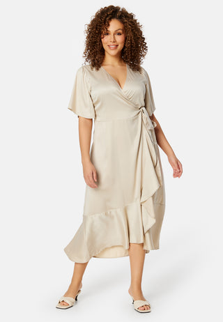 Frill Wrap Satin Midi Dress
