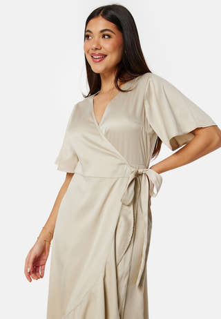 Frill Wrap Satin Midi Dress