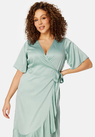 Frill Wrap Satin Midi Dress