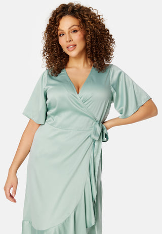 Frill Wrap Satin Midi Dress