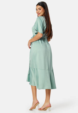 Frill Wrap Satin Midi Dress