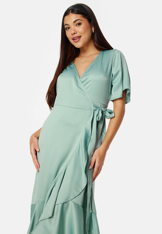 Frill Wrap Satin Midi Dress