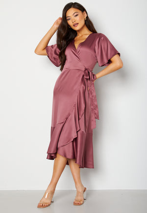 Frill Wrap Satin Midi Dress