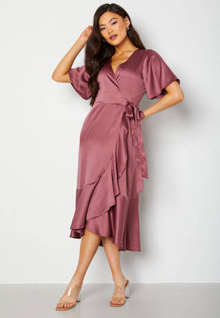 Frill Wrap Satin Midi Dress