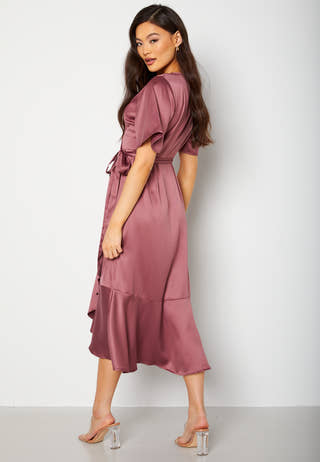 Frill Wrap Satin Midi Dress