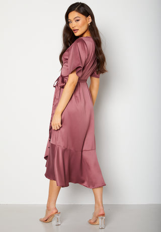 Frill Wrap Satin Midi Dress