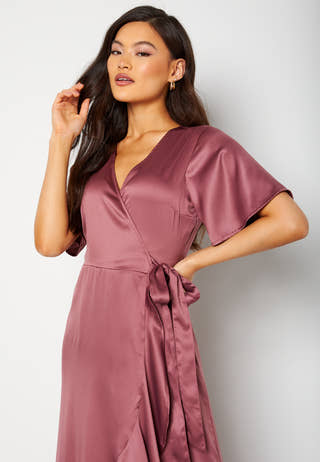 Frill Wrap Satin Midi Dress