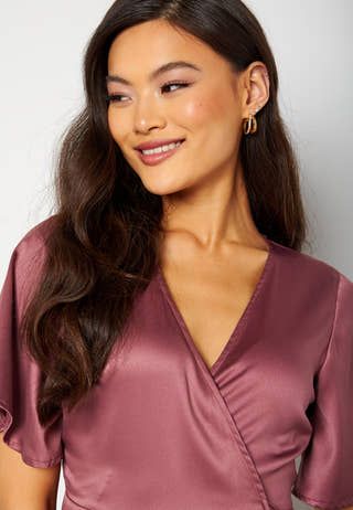 Frill Wrap Satin Midi Dress