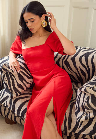 Puff Sleeve Linen Blend Dress