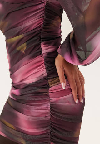 Ruched Mesh Mini Dress
