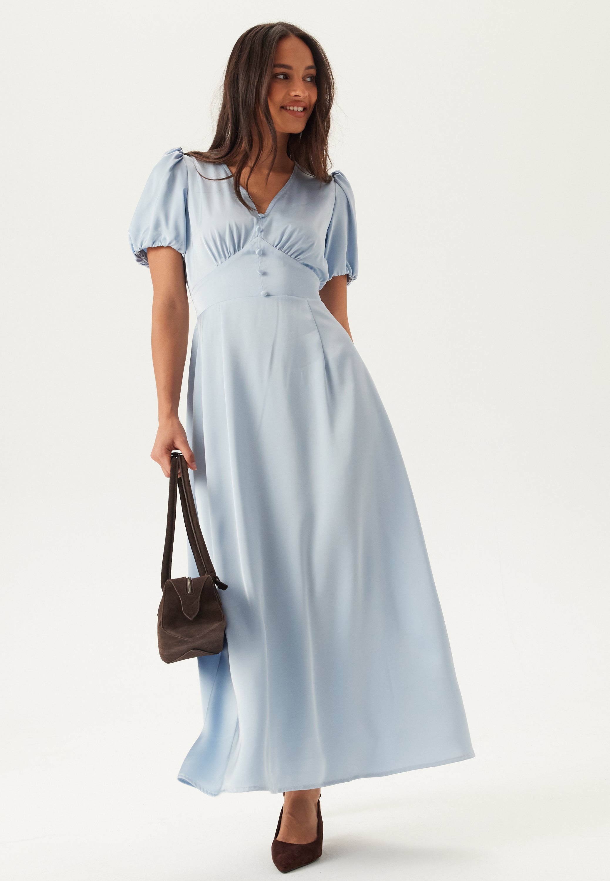 Bubbleroom  Satin Short Sleeve Maxi Dress  Blue  Blue
