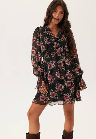 V-neck Frill L/S Chiffon Dress