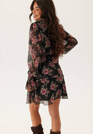 V-neck Frill L/S Chiffon Dress