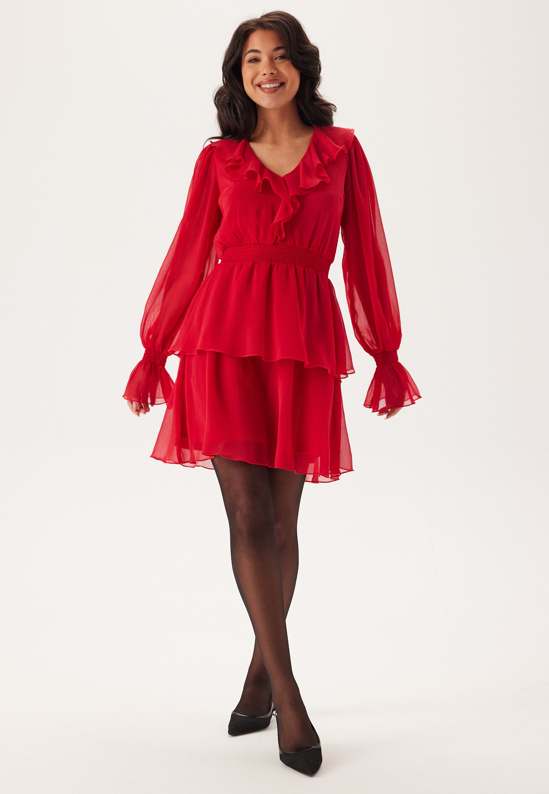 V-neck Frill L/S Chiffon Dress V-neck Frill L/S Chiffon Dress
