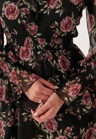 V-neck Frill L/S Chiffon Dress