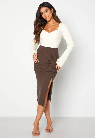 Rib Slit Midi Skirt