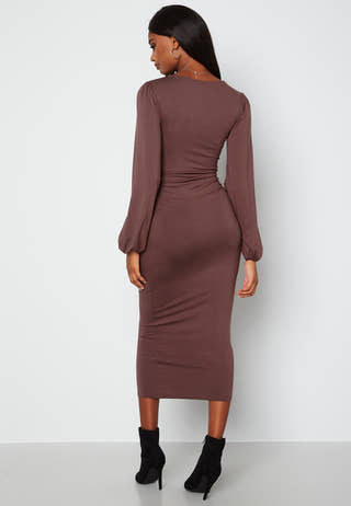 Square V-neck Puff Sleeve Midi Dress