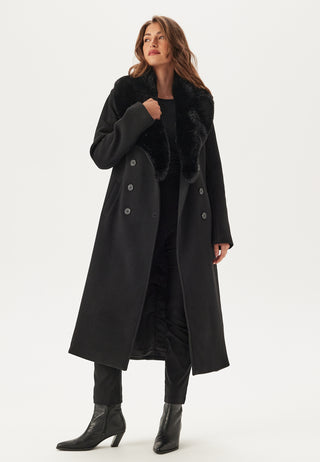 Fur Collar Belted Wool Blend Coat