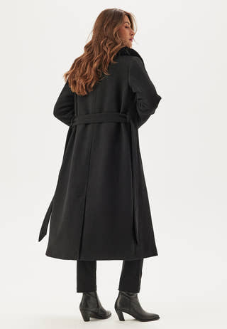 Fur Collar Belted Wool Blend Coat