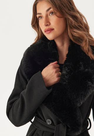 Fur Collar Belted Wool Blend Coat