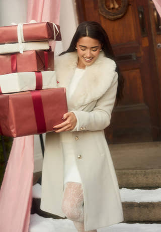 Fur Collar Wool Blend Coat