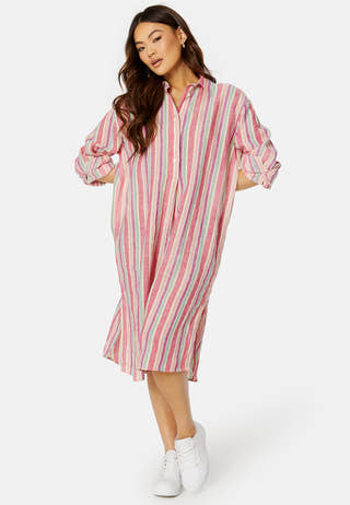 Multistrip Linen Shirt Dress