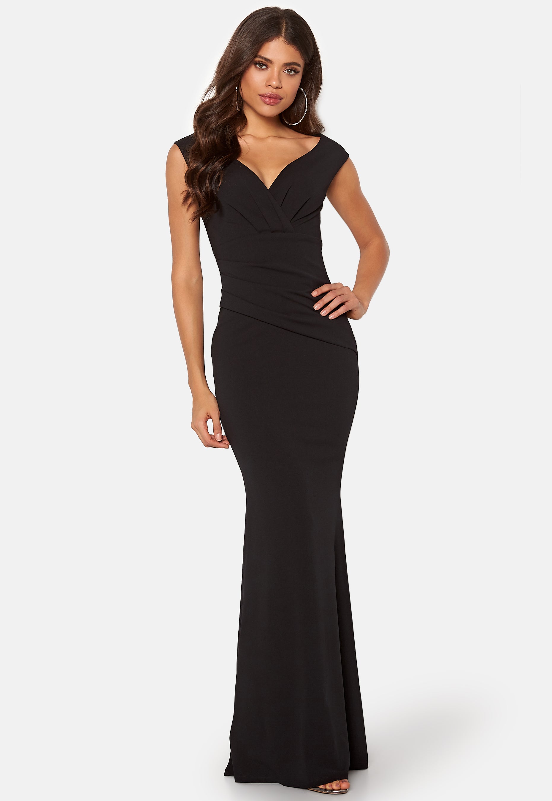 Goddiva – Bardot Pleat Maxi Dress – Ball gowns – Black