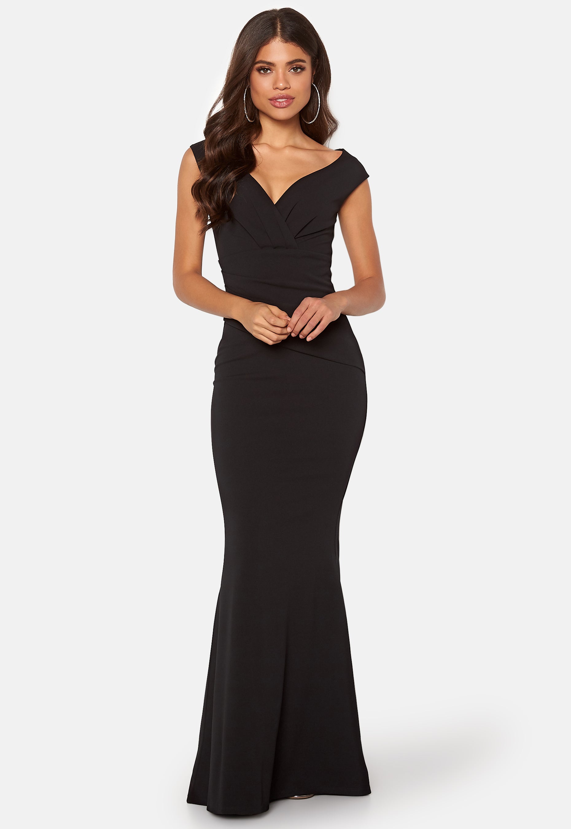 goddiva bardot pleated maxi dress product info and reviews Goddiva Pleated One Shoulder Bardot Fit And Flare Maxi Dress